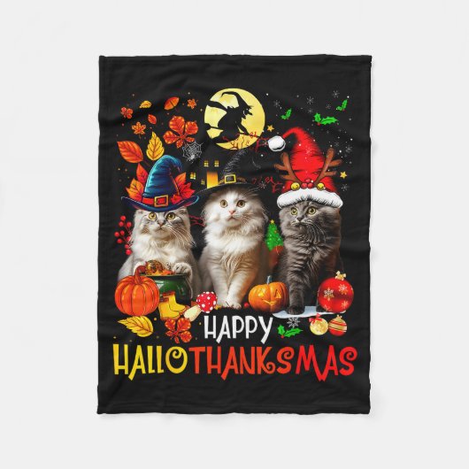 Halloween Thanksgiving Christmas Happy Hallothanks Fleece Deken (Voorkant)