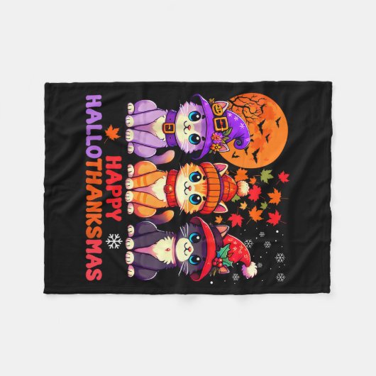 Halloween Thanksgiving Christmas Happy Hallothanks Fleece Deken (Voorkant (Horizontaal))