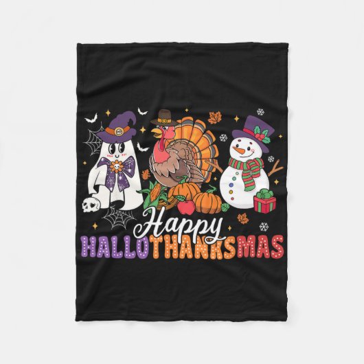 Halloween Thanksgiving Christmas Happy Hallothanks Fleece Deken (Voorkant)