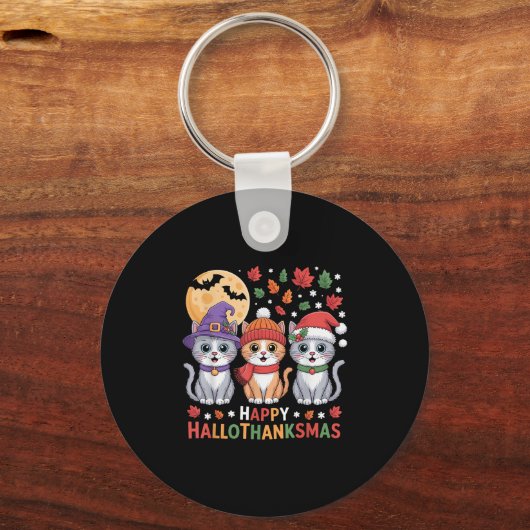 Halloween Thanksgiving Christmas Happy Hallothanks Sleutelhanger (Voorkant)