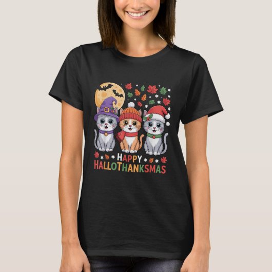 Halloween Thanksgiving Christmas Happy Hallothanks T-shirt (Voorkant)