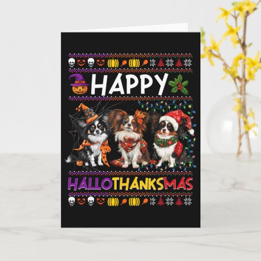 Halloween Thanksgiving Christmas Ugly Papillon Dog Kaart (Gele Bloem)