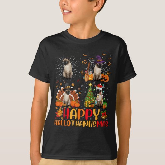 Halloween Thanksgiving Kerstmis Siamese Cat Hallo T-shirt (Voorkant)