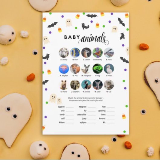 Halloween thema baby shower spel baby dieren programmakaart