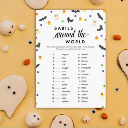 Halloween thema baby shower spel programmakaart