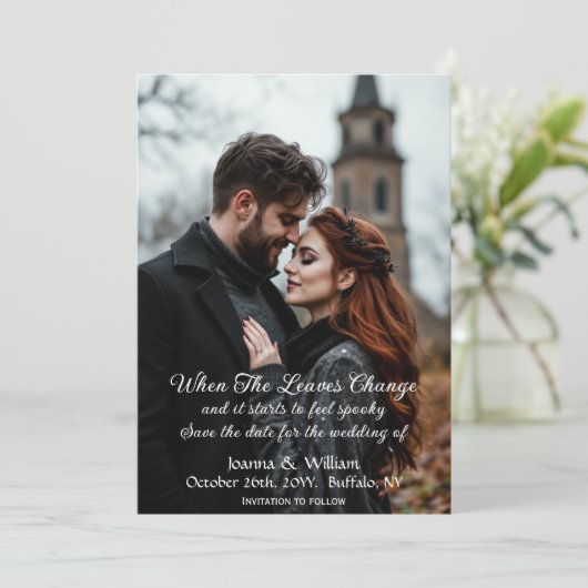 Halloween thema bruiloft foto gotische bloem save the date (Staand voorkant)