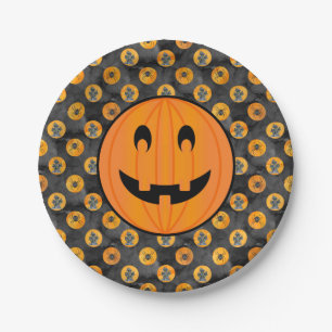 Halloween Thema, Pompoen met Spokenhuis & Spinnen Papieren Bordje