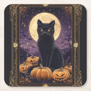Halloween thema tarot kaart met een zwarte kat kartonnen onderzetters