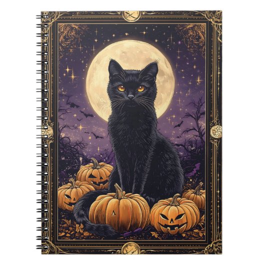 Halloween thema tarot kaart met een zwarte kat notitieboek (Voorkant)