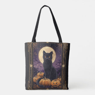 Halloween thema tarot kaart met een zwarte kat tote bag