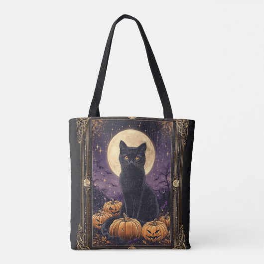 Halloween thema tarot kaart met een zwarte kat tote bag (Achterkant)