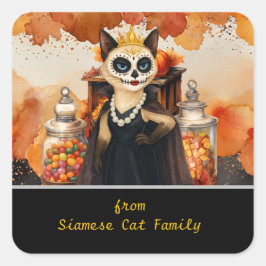 Halloween thema voor kattenliefhebbers met snoepje vierkante sticker