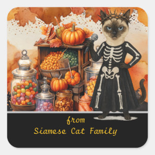 Halloween-thema voor kattenliefhebbers met snoepje vierkante sticker