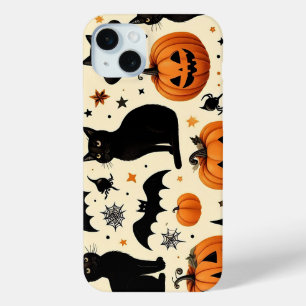 Halloween-Thema Zwarte Kat en Pompoen Patroon iPhone 15 Mini Hoesje
