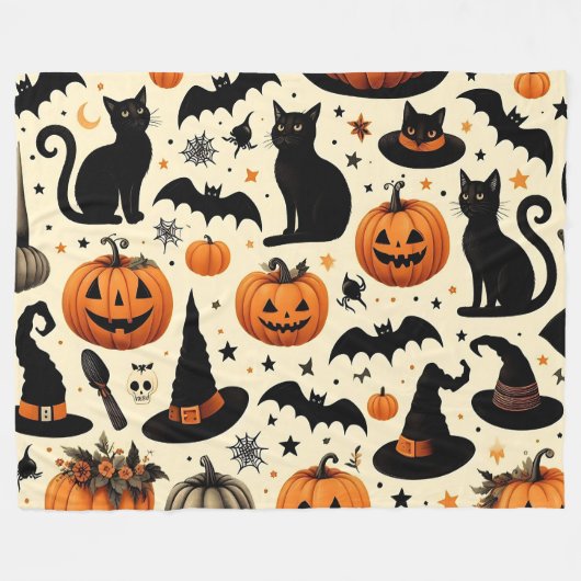 Halloween-thema zwarte kat en pompoen patroon fleece deken (Voorkant (Horizontaal))