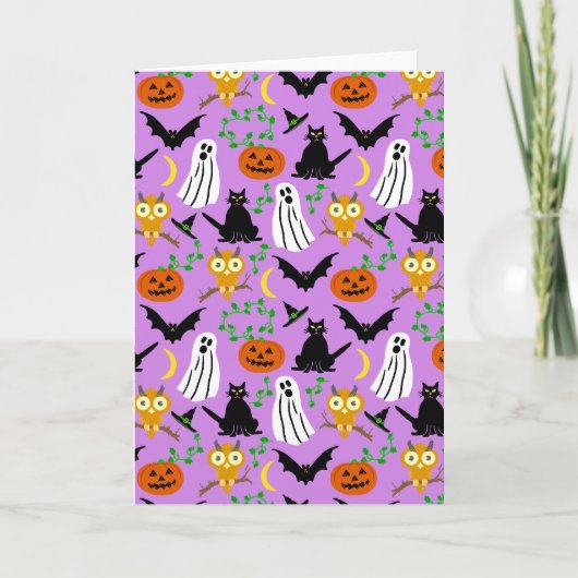 Halloween Theme Collage Toss Pattern Paars Kaart (Voorkant)