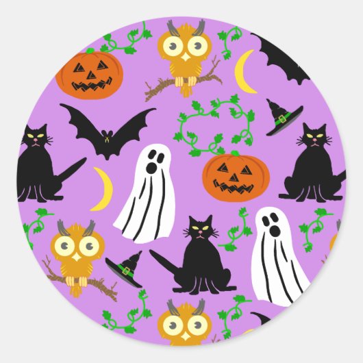 Halloween Theme Collage Toss Pattern Paars Ronde Sticker (Voorkant)