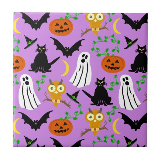 Halloween Theme Collage Toss Pattern Paars Tegeltje (Voorkant)