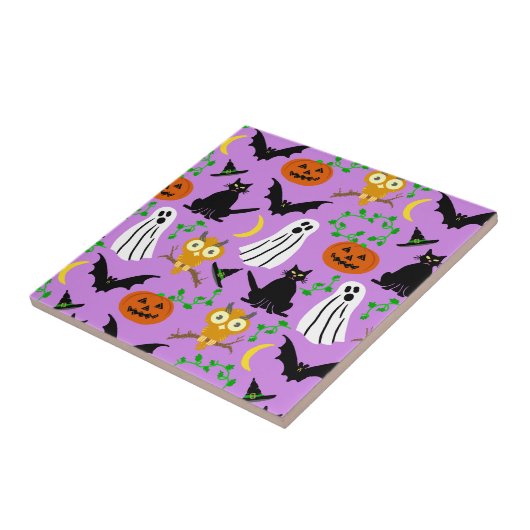 Halloween Theme Collage Toss Pattern Paars Tegeltje (Zijkant)