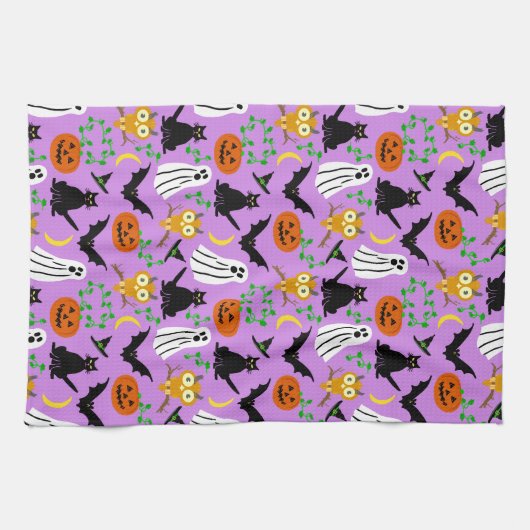 Halloween Theme Collage Toss Pattern Paars Theedoek (Horizontaal)