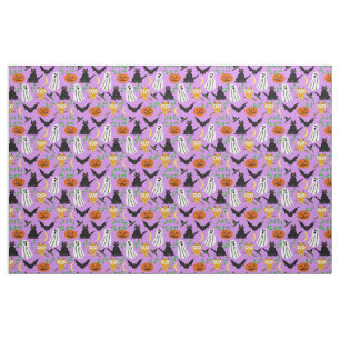 Halloween Theme Collage Toss Pattern Paarse Cute Stof