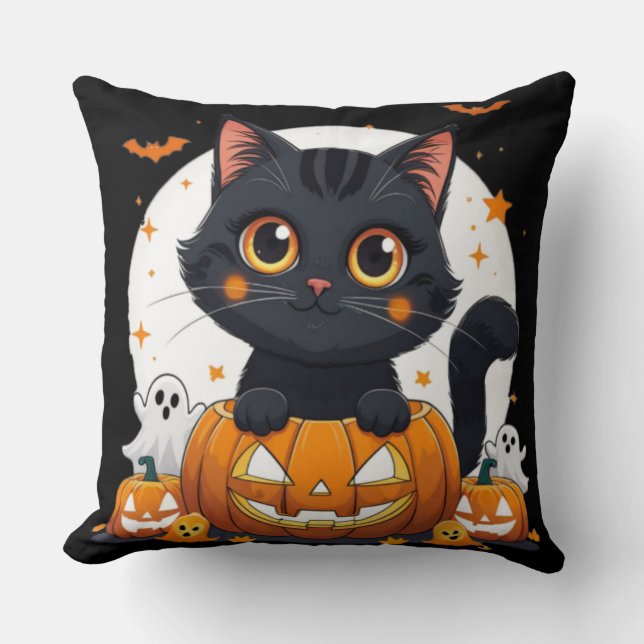 Halloween Throw Pillow with cute cat Kussen (Voorkant)