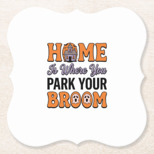 Halloween Thuis Parkeer Je Bezem Vintage Typografi Kartonnen Onderzetters