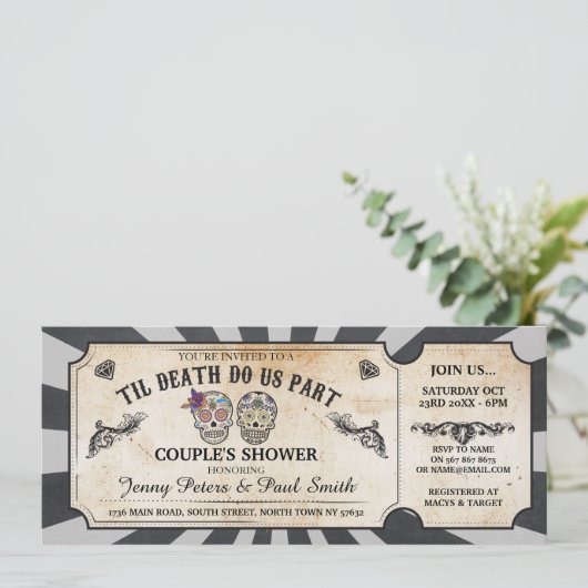 Halloween Ticket Koppel Borrel Schedels Uitnodigin Kaart (Staand voorkant)