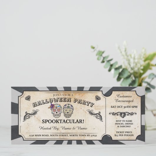 Halloween Ticket Skulls Party Spooky Scroll Event Kaart (Staand voorkant)