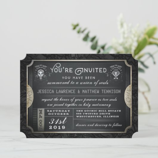Halloween Ticket Union of Souls Wedding Invitation Kaart (Staand voorkant)