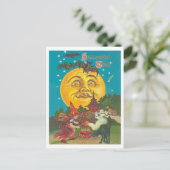 Halloween time, jonge heks op volle gele maan briefkaart (Staand voorkant)