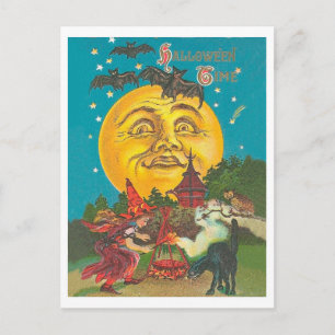 Halloween time, jonge heks op volle gele maan briefkaart