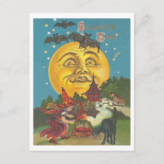 Halloween time, jonge heks op volle gele maan briefkaart (Voorkant)