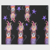 Halloween Time Owl Cat Drawing Wrapping Paper Cadeaupapier (Vlak)