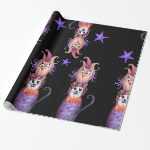 Halloween Time Owl Cat Drawing Wrapping Paper Cadeaupapier