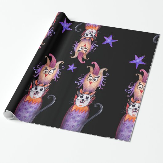 Halloween Time Owl Cat Drawing Wrapping Paper Cadeaupapier (Uitgerold)
