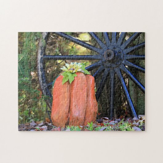 Halloween Time Wood Carved Pumpkin en Wagon Wheel Legpuzzel (Horizontaal)