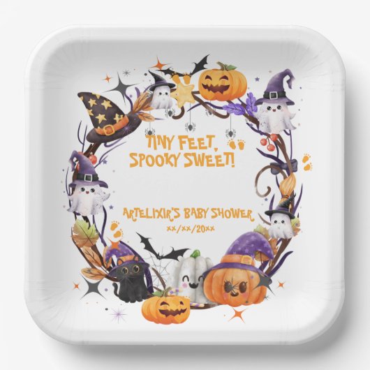 Halloween Tiny Feet, Spooky Sweet Baby shower Papieren Bordje (Voorkant)