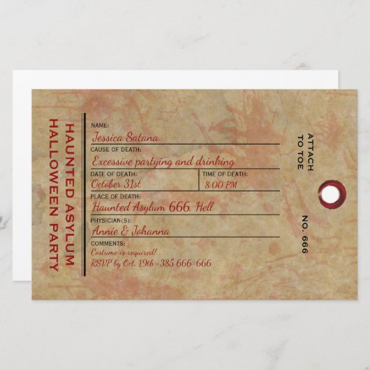 Halloween Toe Label Haunted Asylum Party Briefpapier (Voorkant / Achterkant)