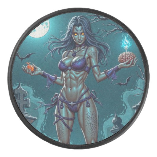 Halloween Traktatie of Zombie Vriendin w Hersenen Hockey Puck (Voorkant)