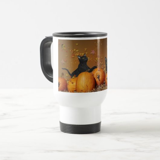 Halloween Travel Mug met zwarte katten Reisbeker (Voorkant links)