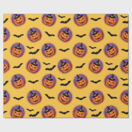 Halloween Treats Jack-O-Lantern & Bats Yellow Cadeaupapier