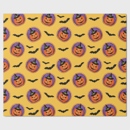 Halloween Treats Jack-O-Lantern & Bats Yellow Cadeaupapier (Zoom)