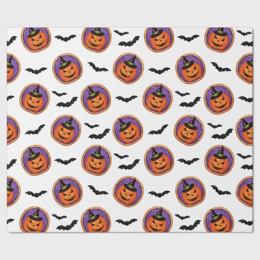 Halloween Treats Jack-O-Lantern Cookie & Bats Cadeaupapier (Zoom)