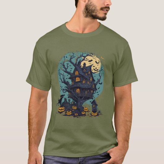 Halloween Tree House Black Cat T-shirt voor mannen (Voorkant)