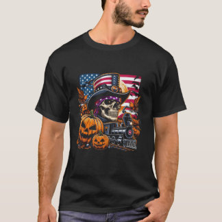 Halloween trein en schedel met pompoen American Fl T-shirt