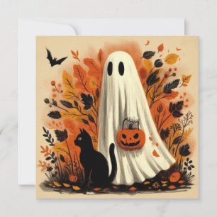 Halloween Trick or Treat geest en zwarte kat  Kaart