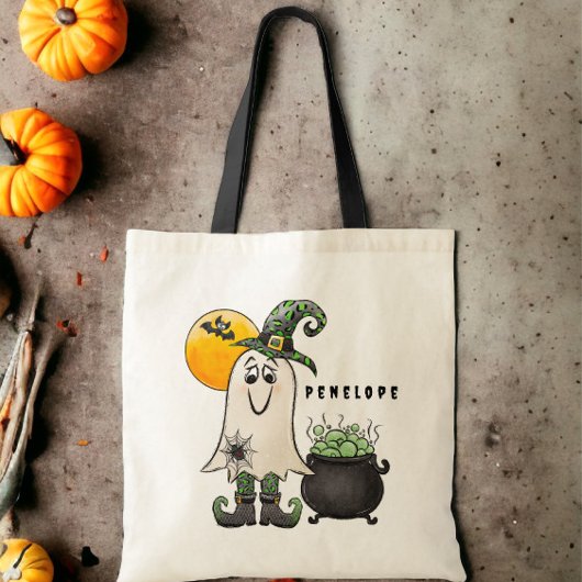Halloween Trick or treat Heks Ghost Cauldron Naam Tote Bag