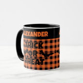 Halloween Trick or Treat Orange & Black Plaid Name Mok (Voorkant links)