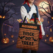 Halloween Trick or Treat Orange & Black Plaid Name